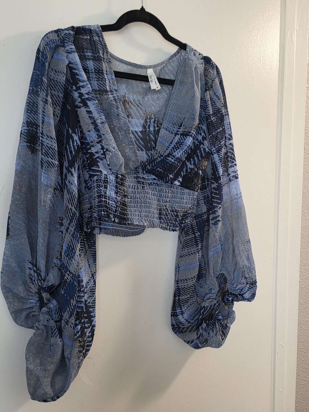 Blue Patterned Sheer V-Neck Women's Top